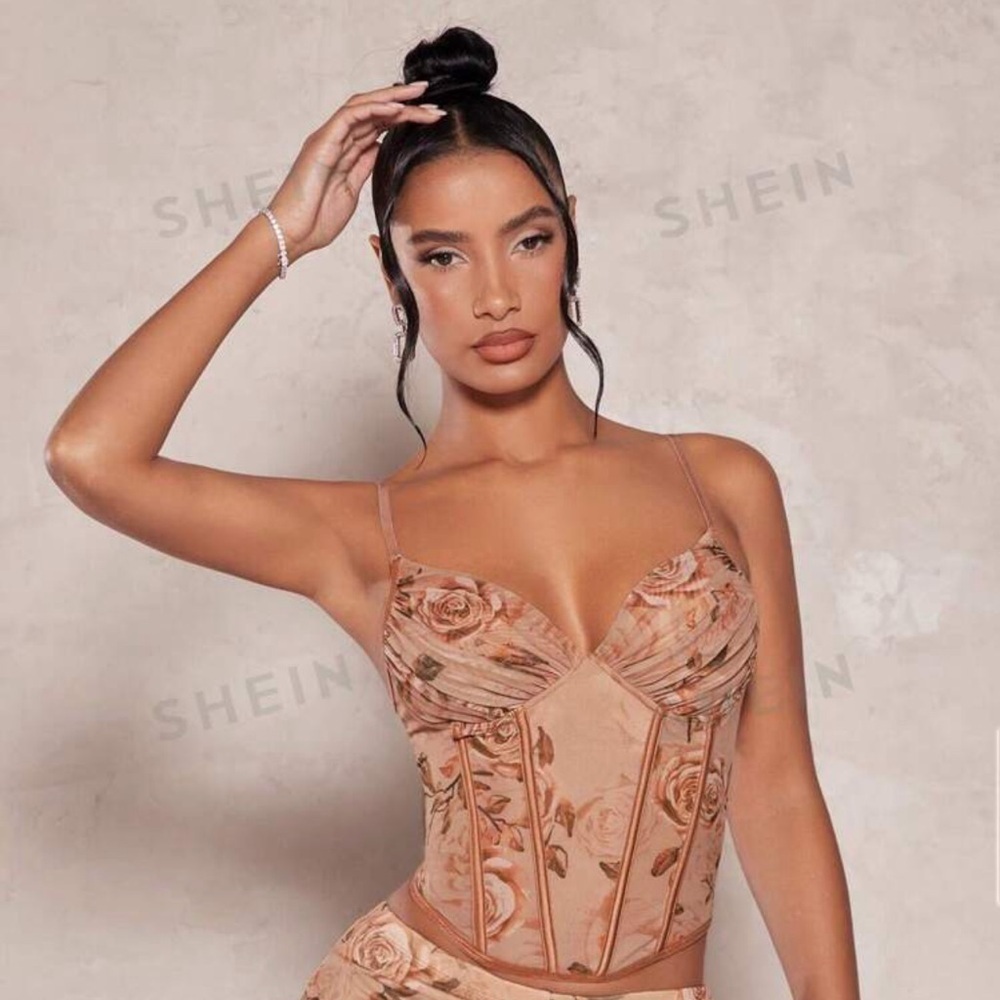 Floral Print Ruched Bustier Mesh Beige/Brown Corset Top size Medium US 6 - Picture 12 of 12